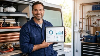 Professional plumber reviewing an AI bookkeeping dashboard on a tablet in a plumbing workshop