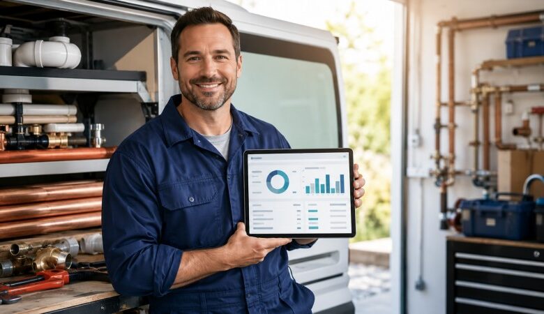 Professional plumber reviewing an AI bookkeeping dashboard on a tablet in a plumbing workshop